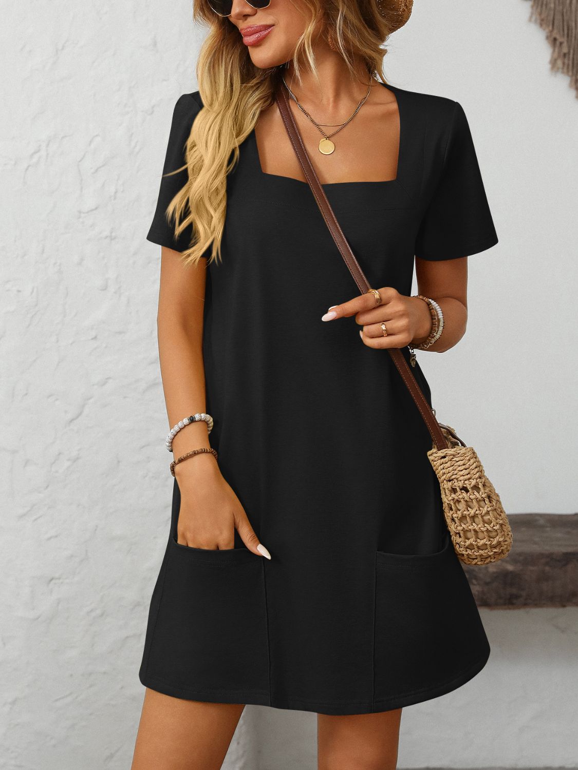 Mandy Square Neck Short Sleeve Mini Dress Black