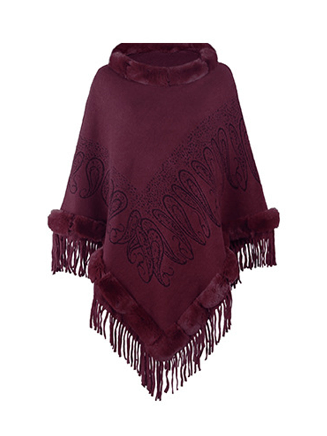Graphic Fringe Cape Sleeve Poncho Burgundy One Size