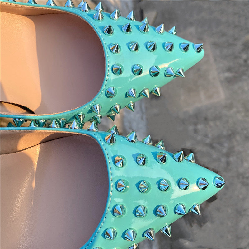 Rivet Embellished Tangerine Stiletto Pumps – 10cm High Heels for Women Turquoise 8CM