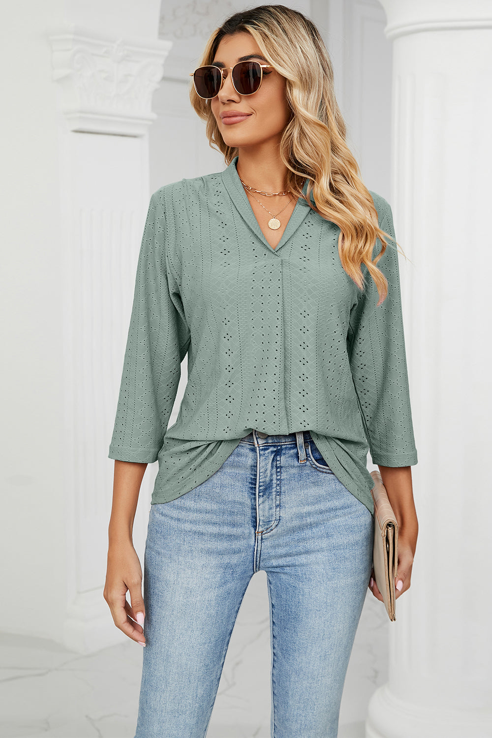 Eyelet Three-Quarter Sleeve Blouse