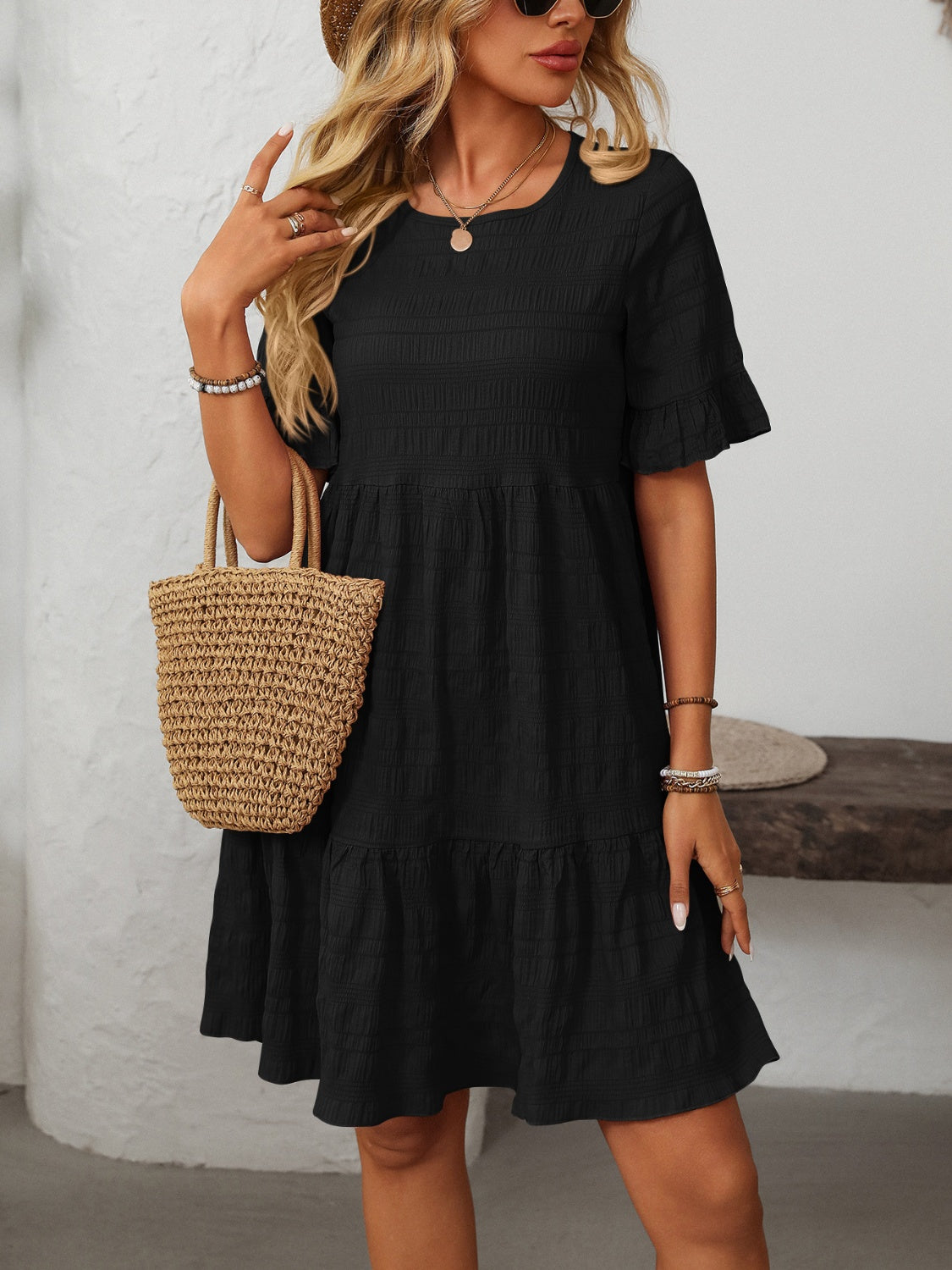 Mandy Ruffled Ruched Round Neck Half Sleeve Dress Black