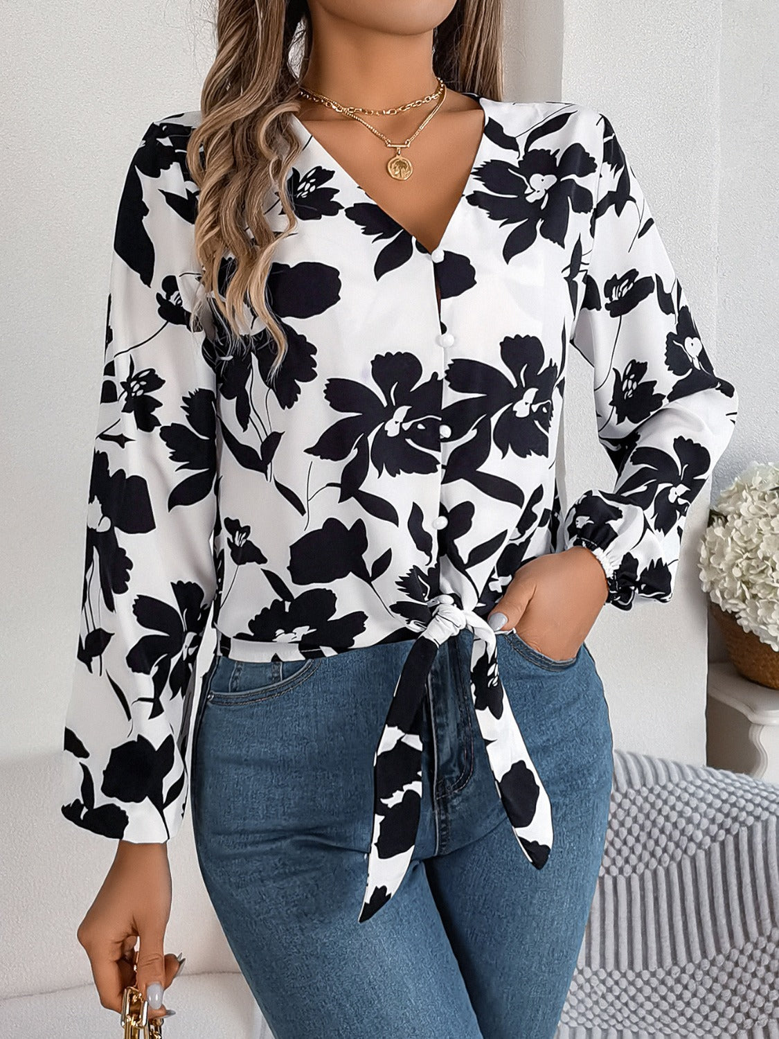 Printed V-Neck Long Sleeve Blouse White