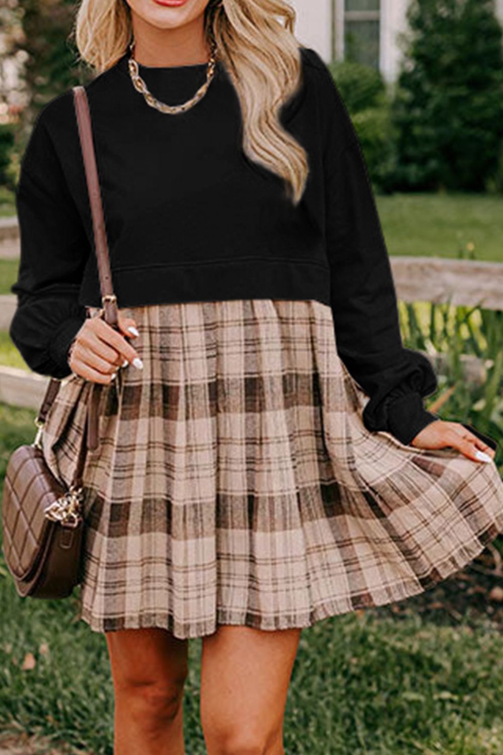 Plaid Round Neck Long Sleeve Mini Dress Black