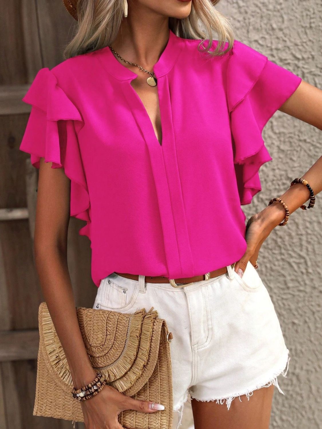 Ruffled Notched Short Sleeve Blouse Hot Pink