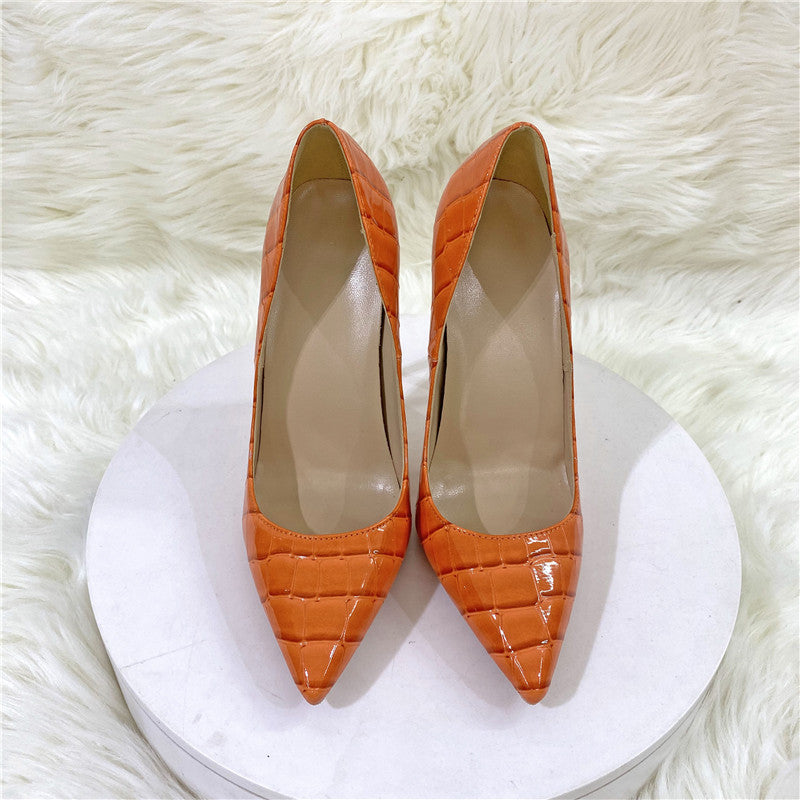 Serpentine Pointed Toe Stiletto High Heels – Low-Cut Snakeskin Pattern Orange 10CM