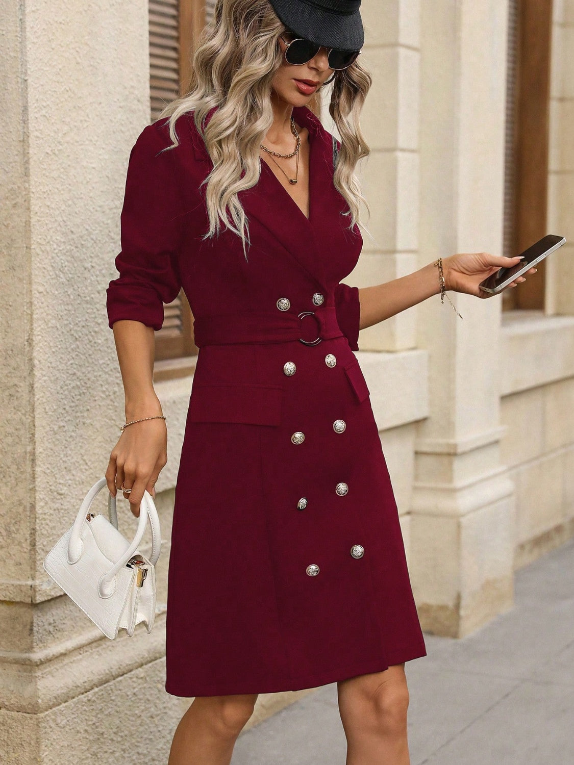 Double-Breasted Lapel Collar Long Sleeve Dress Burgundy