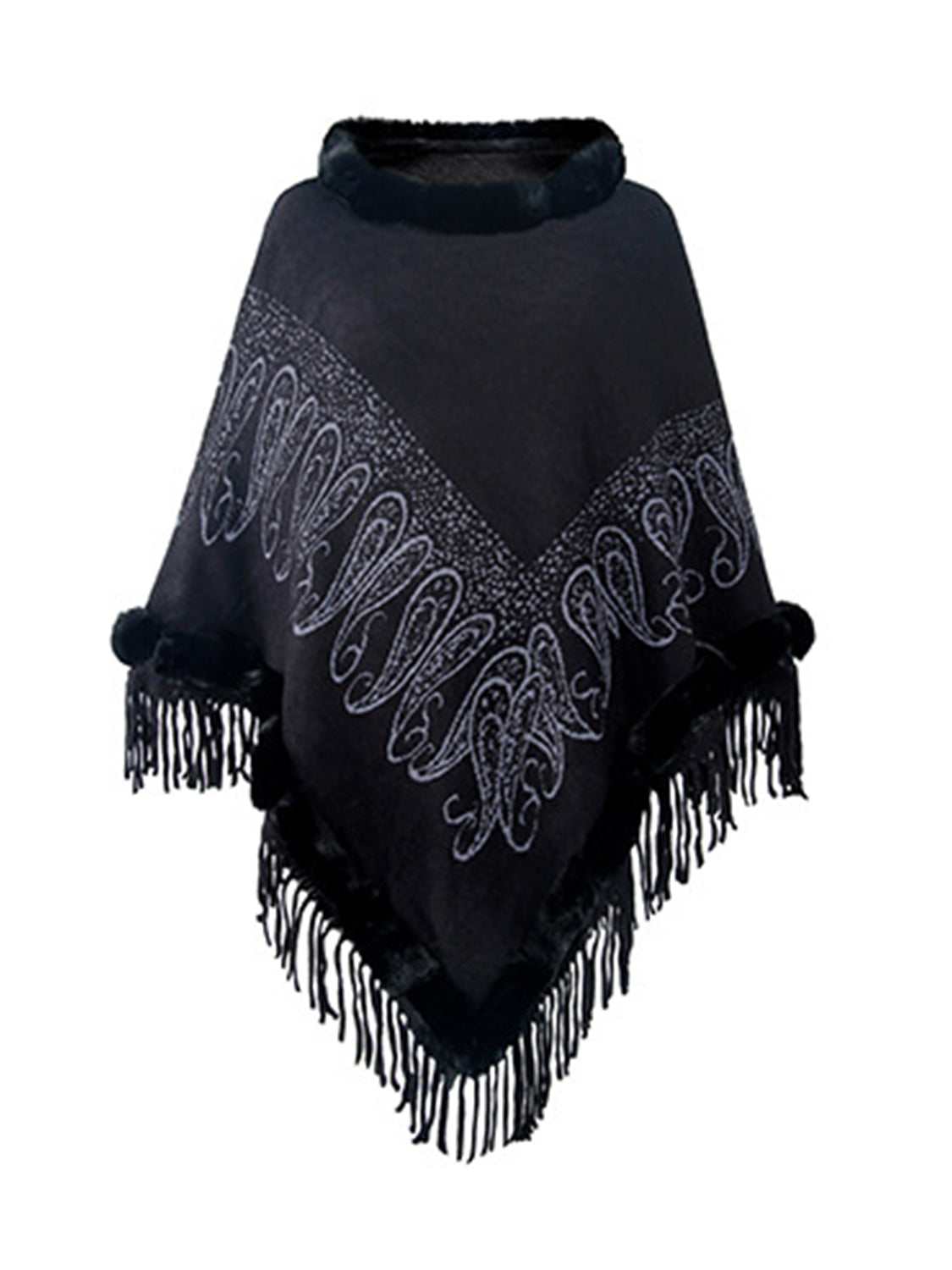 Graphic Fringe Cape Sleeve Poncho Black One Size