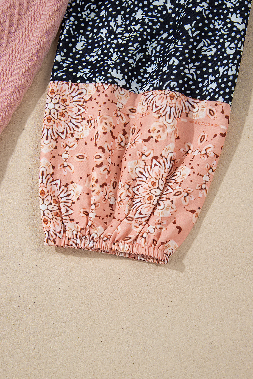 Dusty Pink Floral Patchwork Textured Knit Drawstring V Neck Blouse