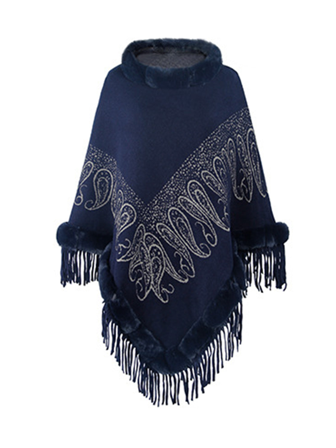 Graphic Fringe Cape Sleeve Poncho Dark Blue One Size