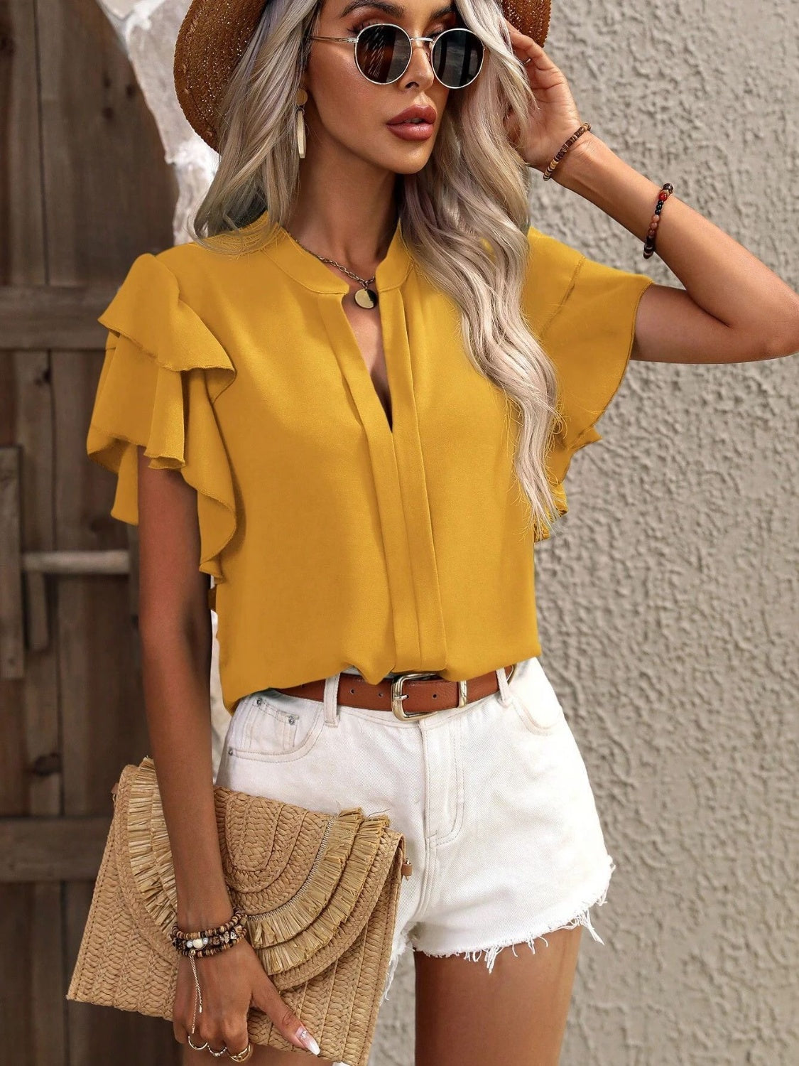 Ruffled Notched Short Sleeve Blouse Gold