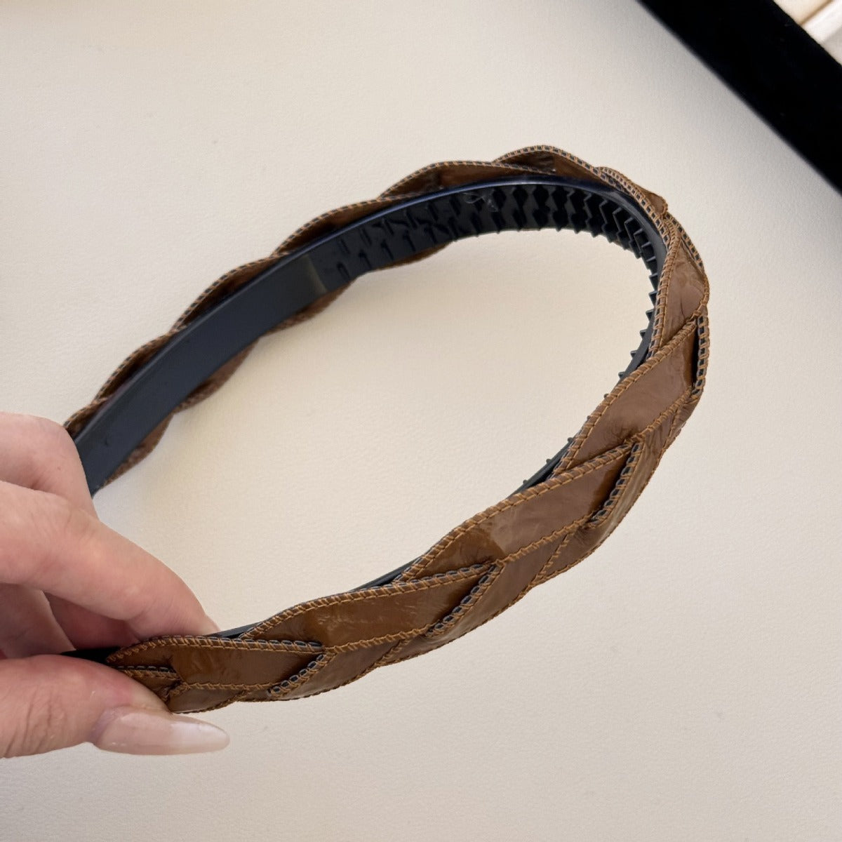 PU Leather Braided Hair Headband Camel One Size