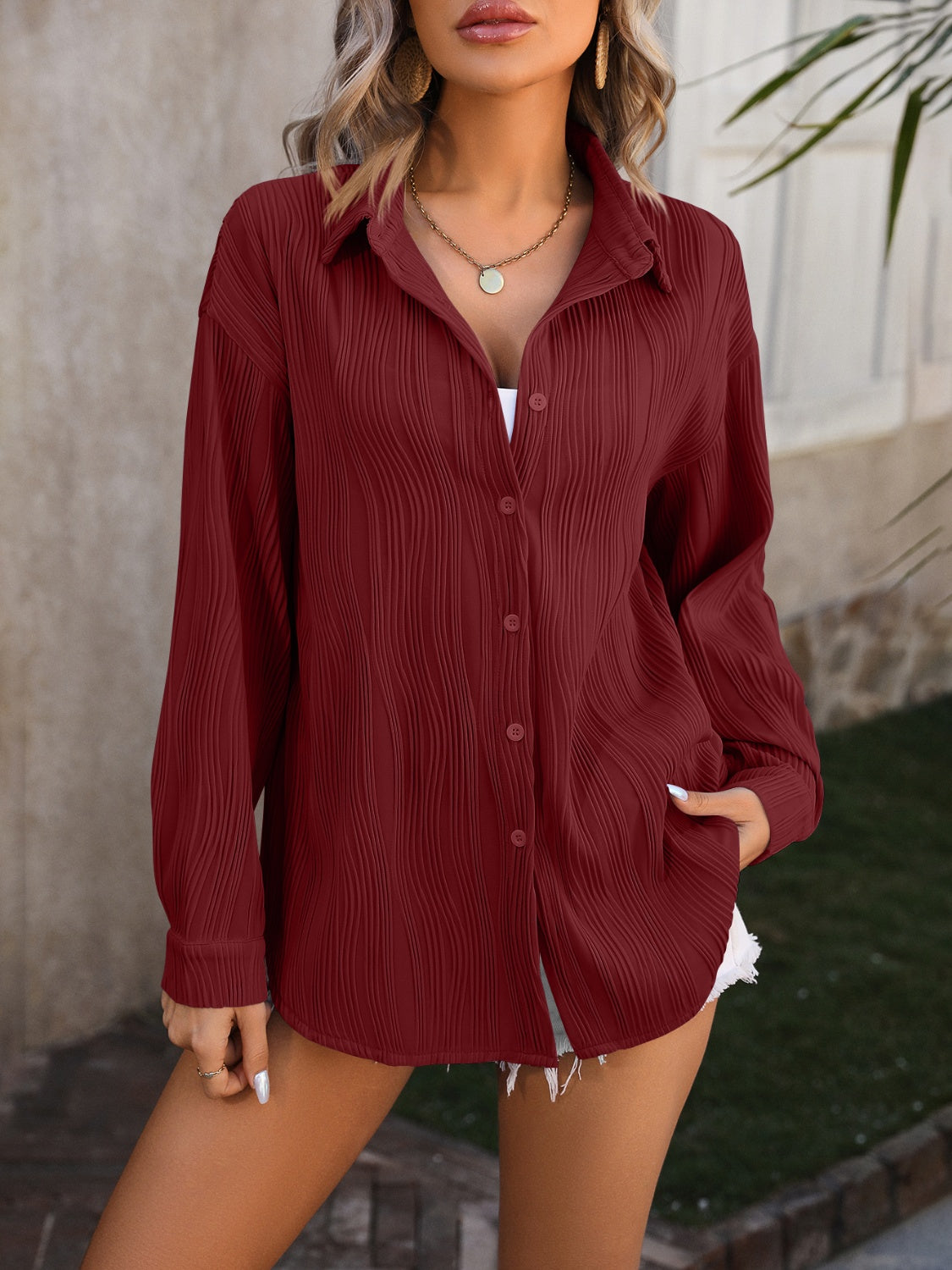 Button Up Dropped Shoulder Shirt Burgundy