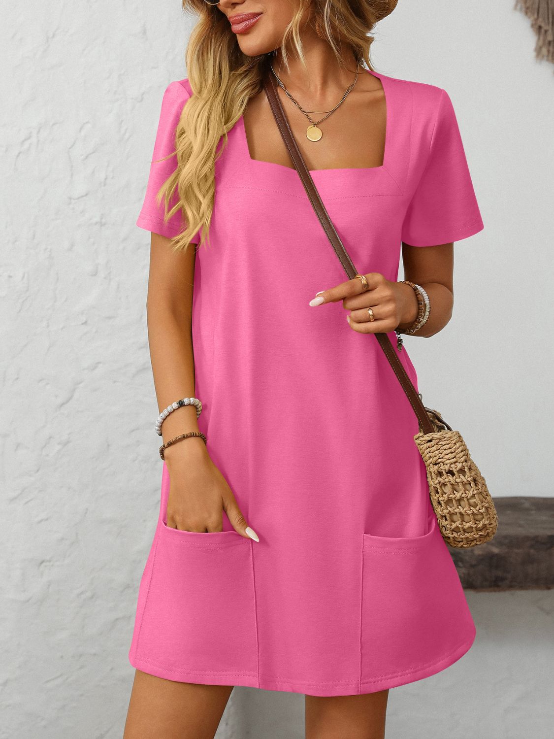 Mandy Square Neck Short Sleeve Mini Dress Fuchsia Pink