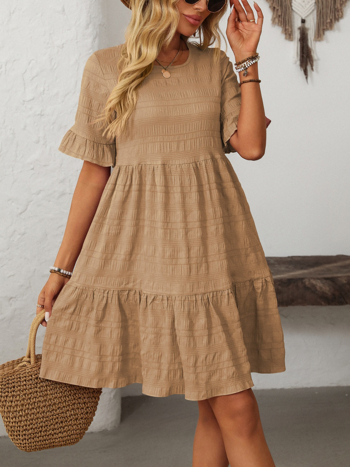 Mandy Ruffled Ruched Round Neck Half Sleeve Dress Tan