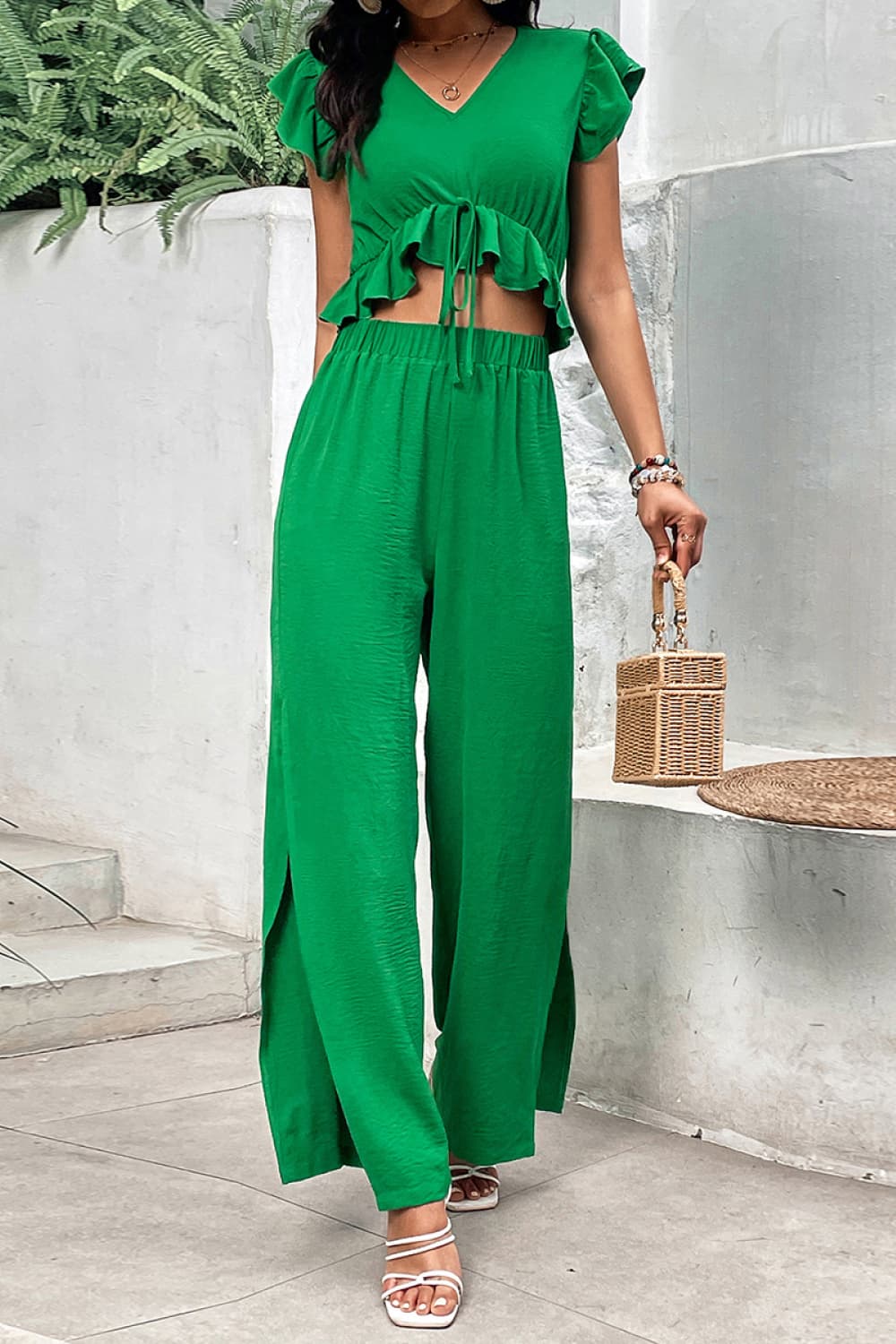 V-Neck Ruffle Hem Top & Slit Pants Set | Chic Two-Piece Outfit