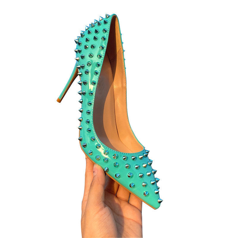 Rivet Embellished Tangerine Stiletto Pumps – 10cm High Heels for Women Turquoise 12CM