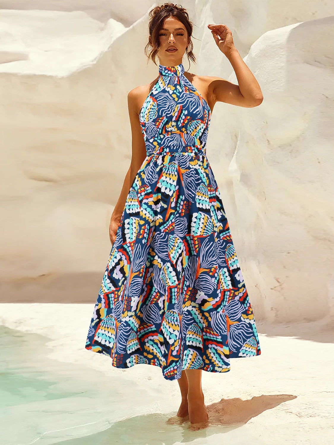 Ruched Printed Halter Neck Sleeveless Dress Dark Blue
