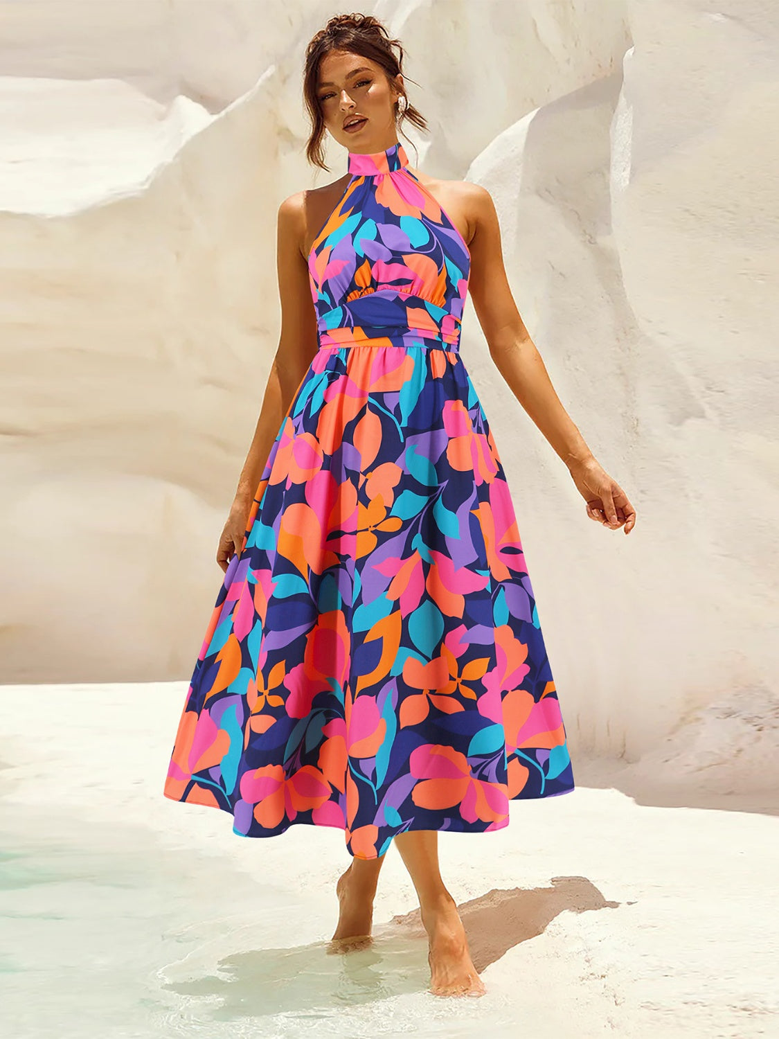 Ruched Printed Halter Neck Sleeveless Dress Violet