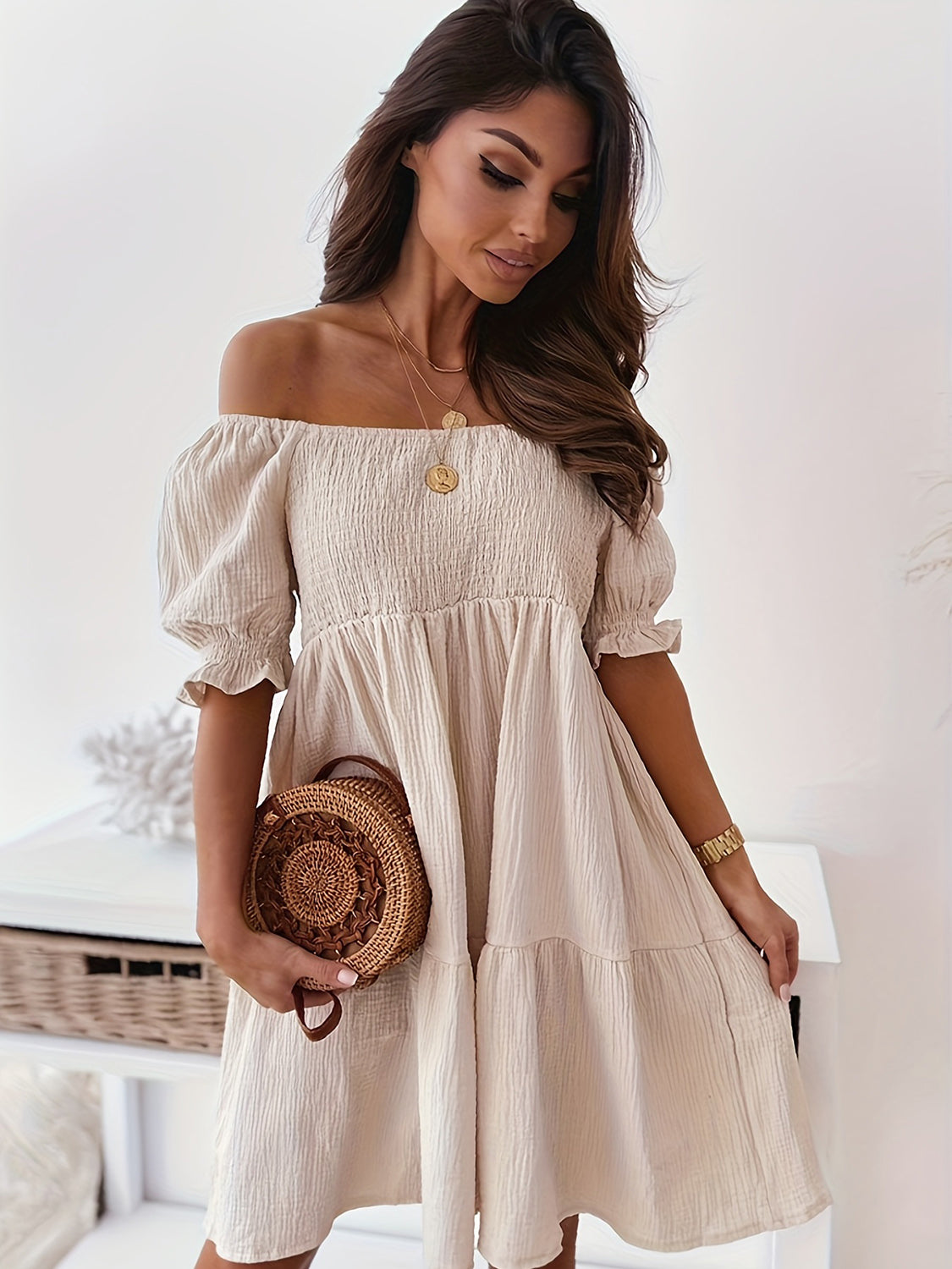 Full Size Ruffled Off-Shoulder Short Sleeve Dress Beige