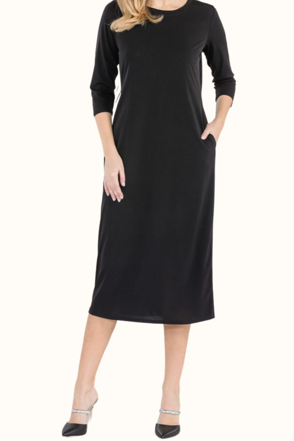 Celeste Full Size Round Neck Midi Dress BLACK