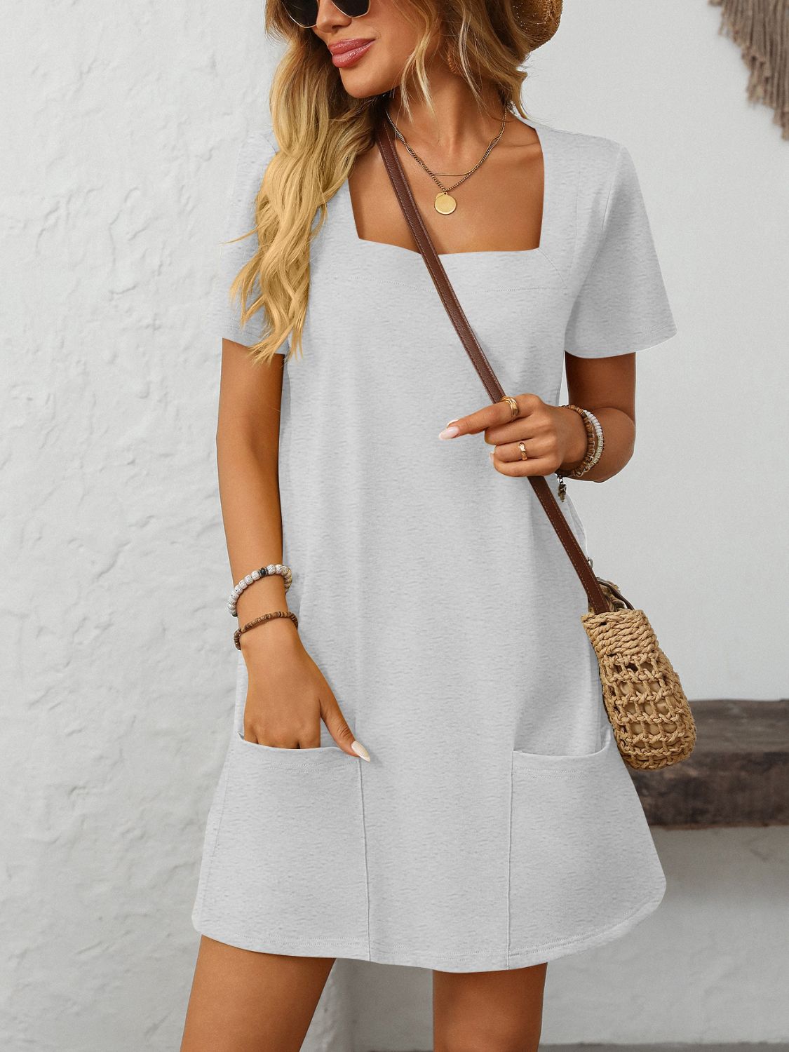 Mandy Square Neck Short Sleeve Mini Dress White