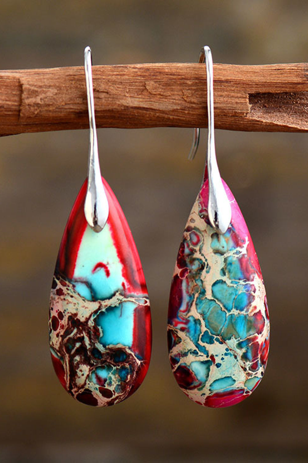 Handmade Teardrop Shape Natural Stone Dangle Earrings Red One Size