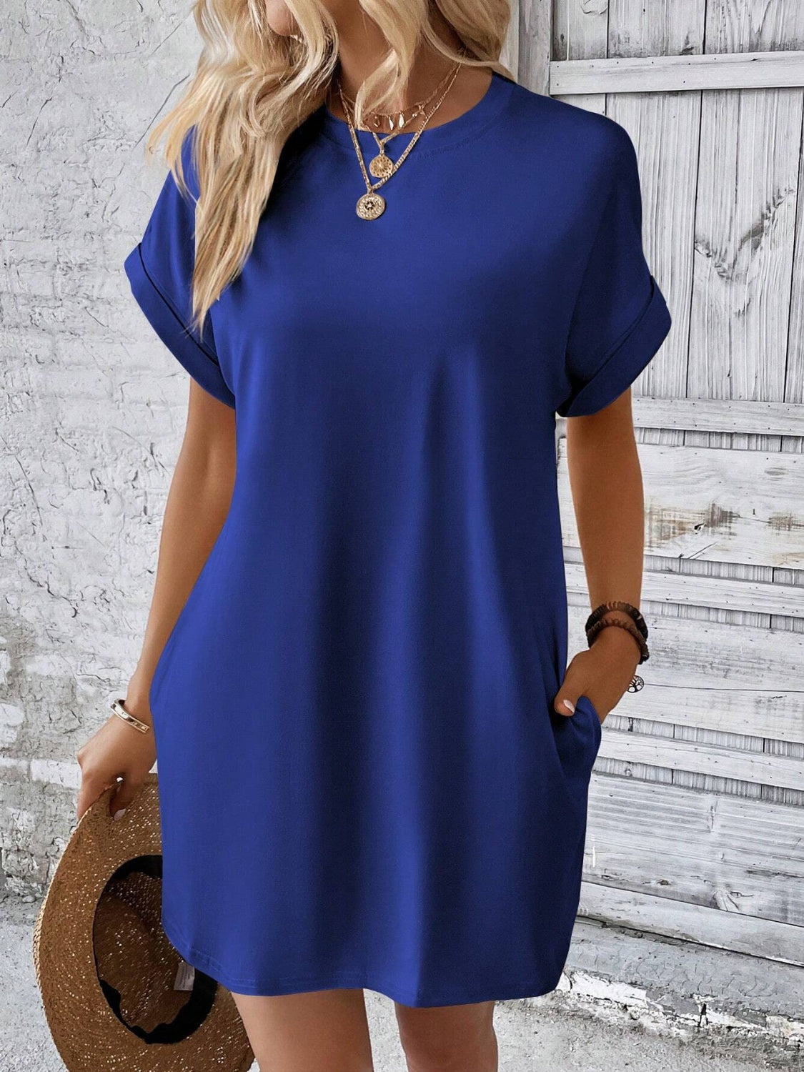 Round Neck Short Sleeve Mini Dress Dark Blue