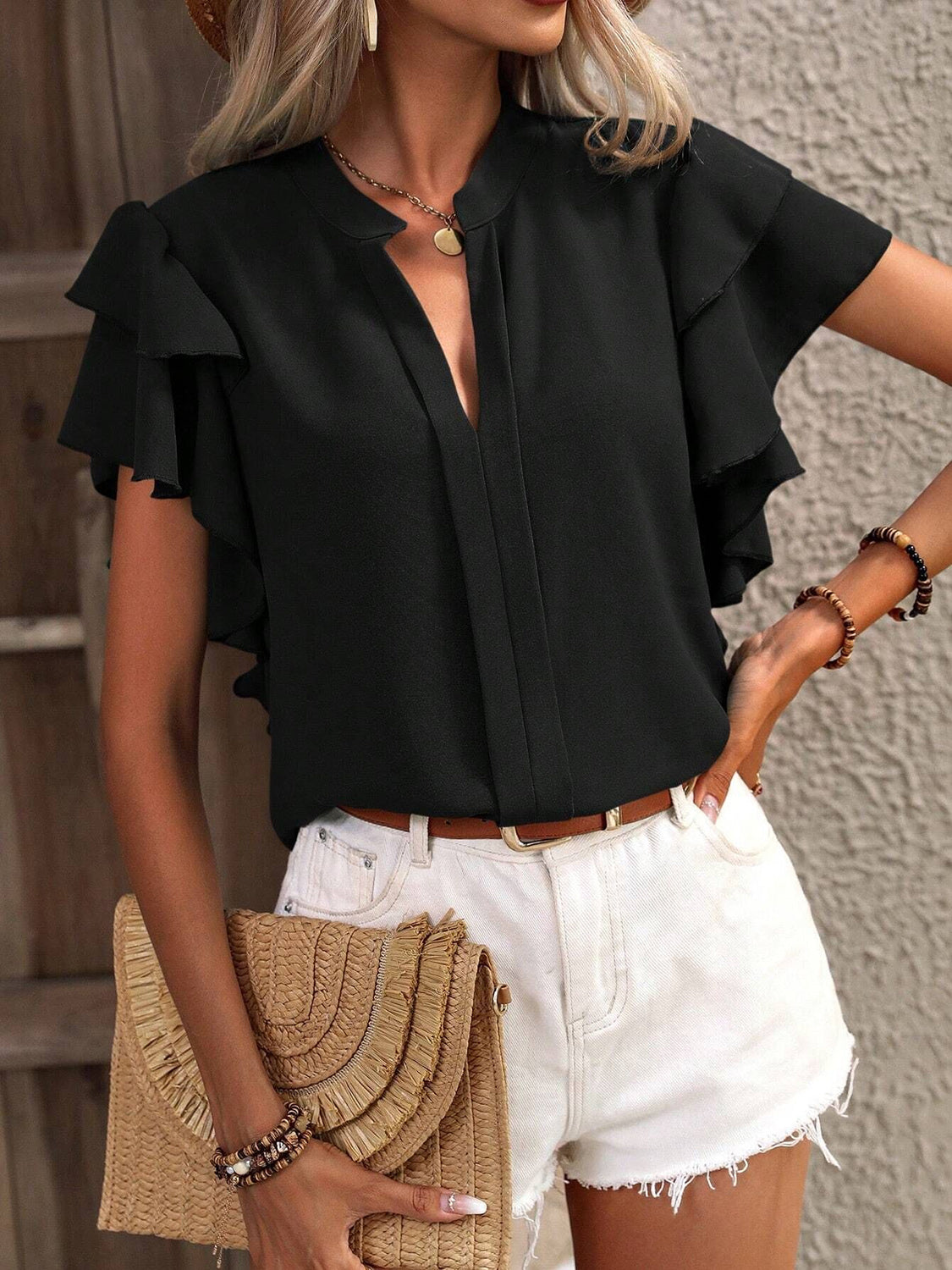 Ruffled Notched Short Sleeve Blouse Black