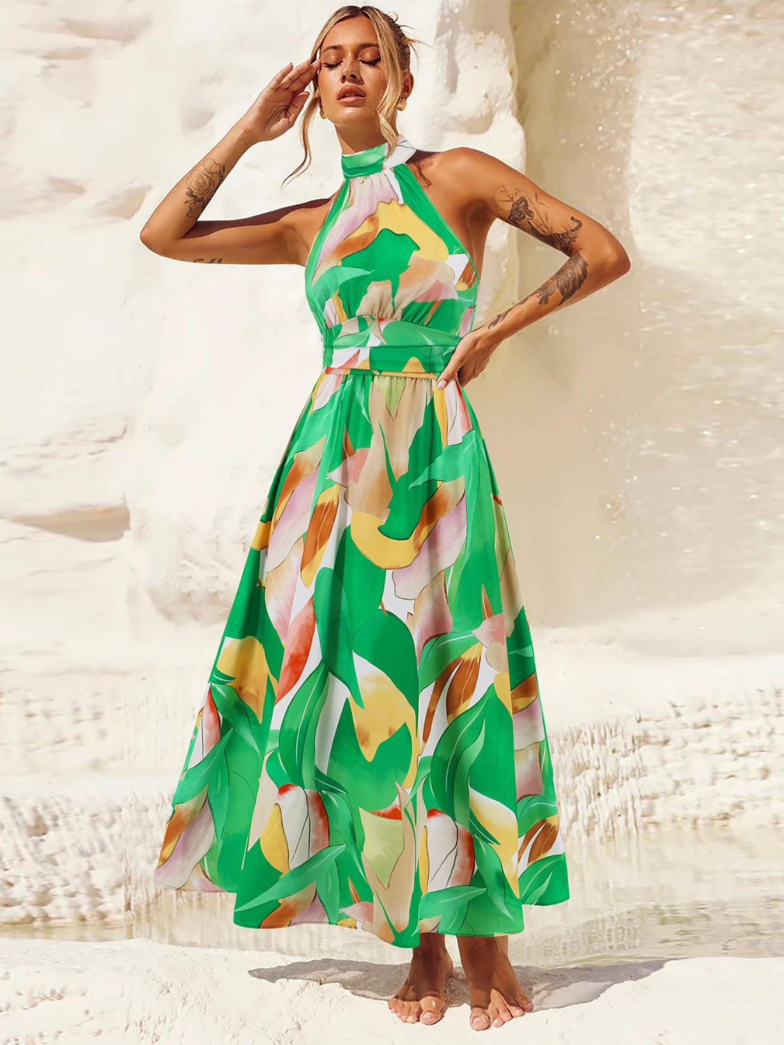 Ruched Printed Halter Neck Sleeveless Dress Green