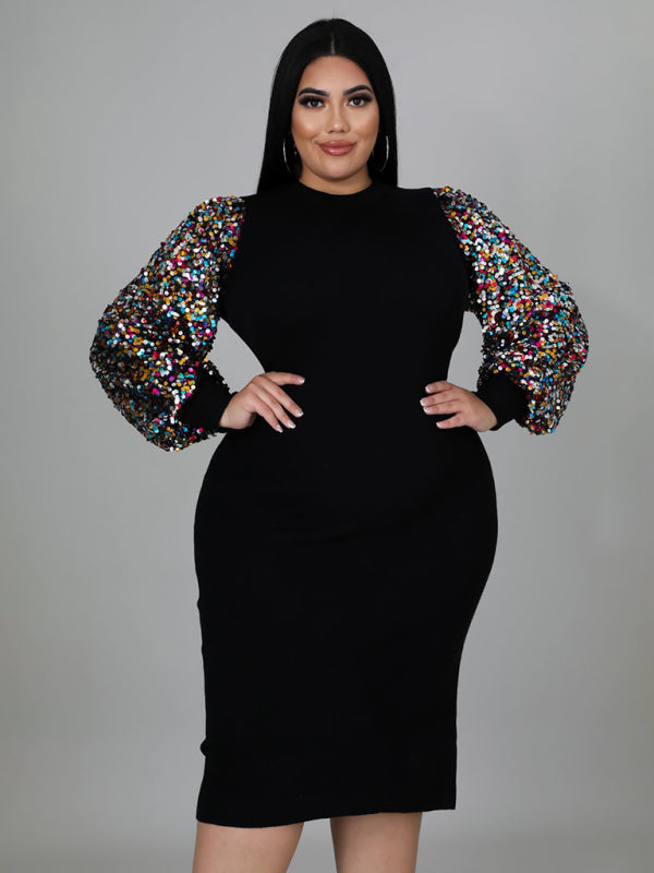 New Plus Size Ladies Sexy Solid Color Sequin Puff Sleeve Dress Black XL