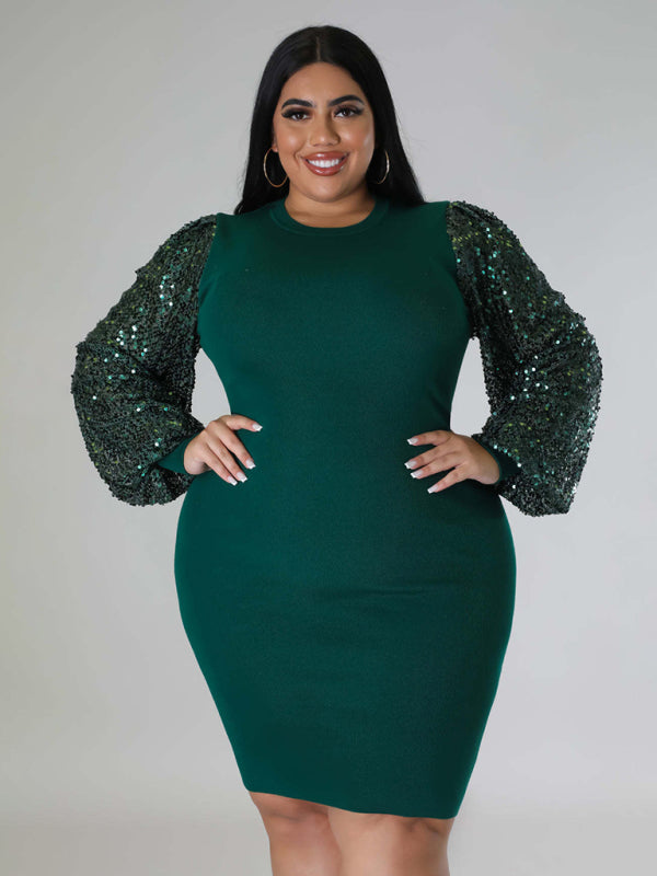 New Plus Size Ladies Sexy Solid Color Sequin Puff Sleeve Dress Green XL