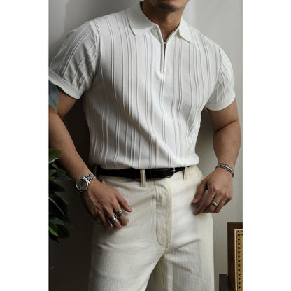 Zipper Knitted Short-sleeved Polo Shirt Men's Loose Lapels T-shirt White