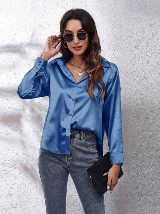Button Up Collared Neck Long Sleeve Shirt Peacock Blue