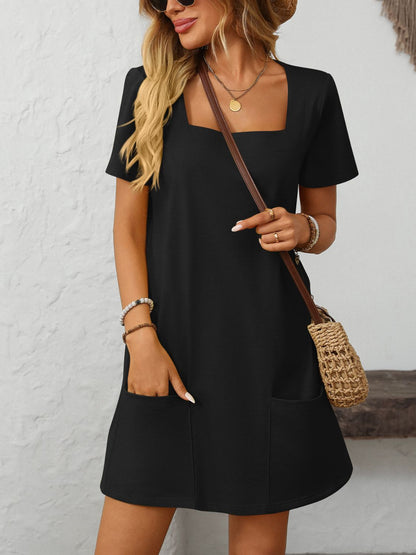 Mandy Square Neck Short Sleeve Mini Dress Black