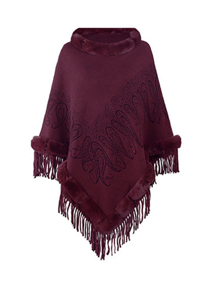Graphic Fringe Cape Sleeve Poncho Burgundy One Size