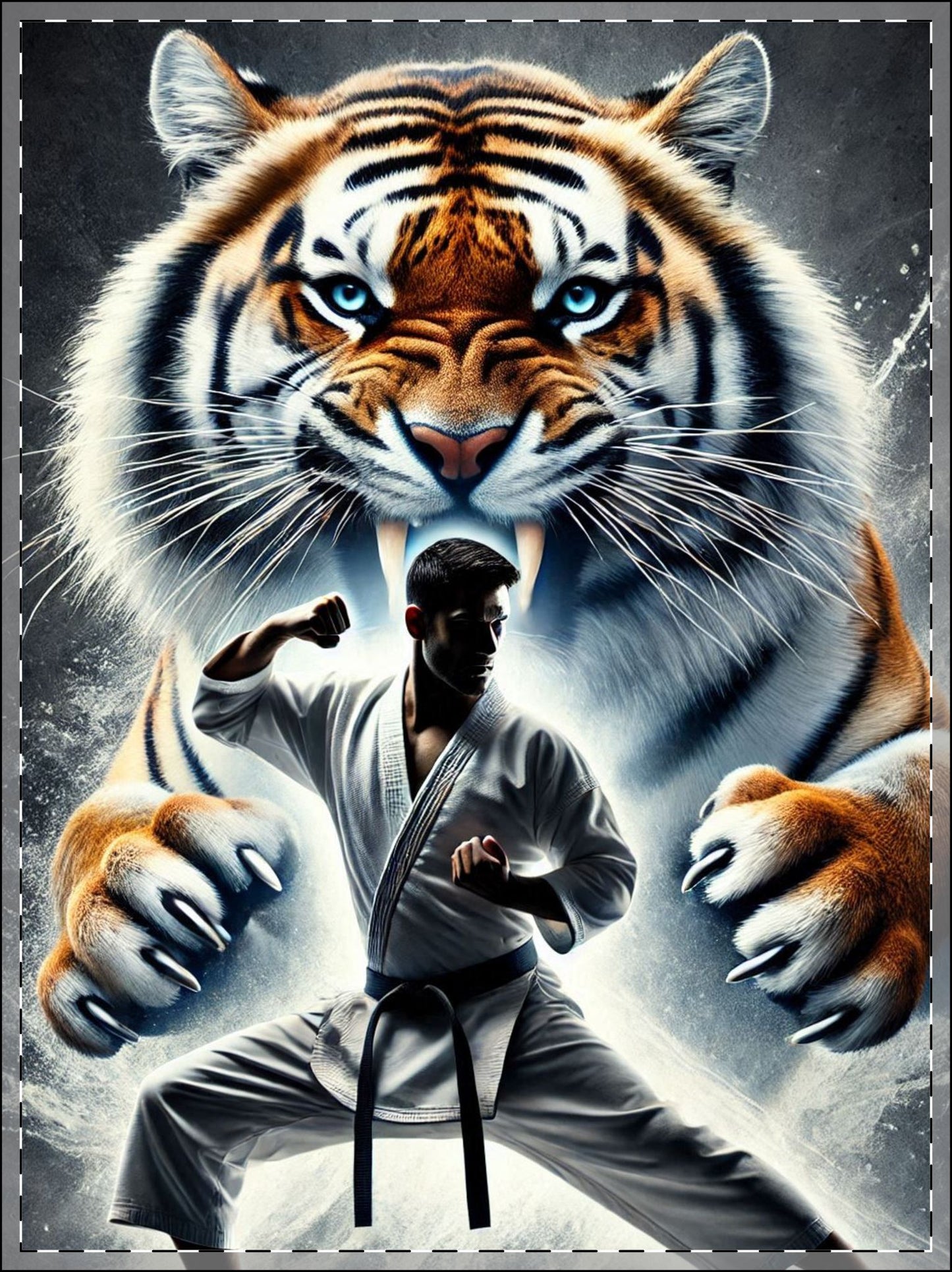 Framed Poster, Karate Tiger Art, Power Focus Discipline Print, Martial Arts Wall Decor, Roaring Animal Room Picture, Fighter Stance Gift 18″ x 24″ (Vertical) Semi Glossy Black