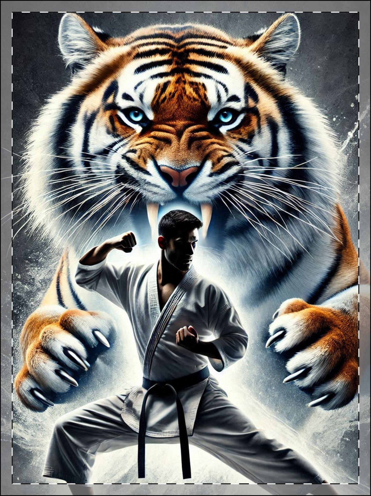 Framed Poster, Karate Tiger Art, Power Focus Discipline Print, Martial Arts Wall Decor, Roaring Animal Room Picture, Fighter Stance Gift 12″ x 16″ (Vertical) Semi Glossy Black