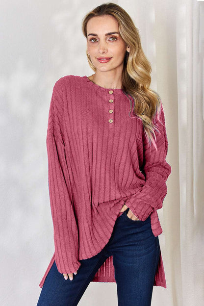 Basic Bae Full Size Ribbed Half Button Long Sleeve High-Low T-Shirt Hot Pink