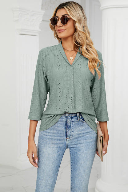 Eyelet Three-Quarter Sleeve Blouse