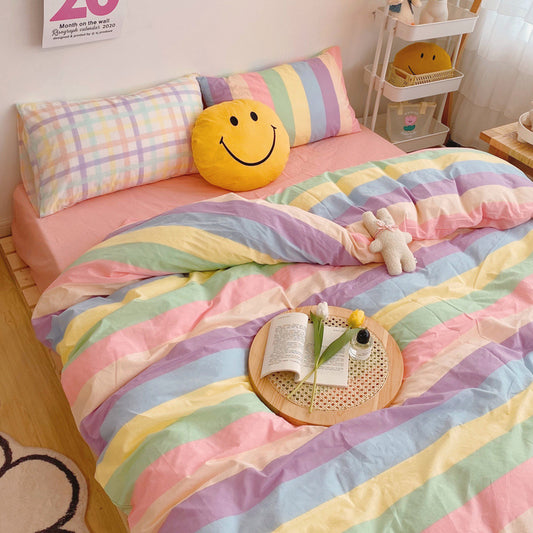 Rainbow Stripes Princess Style Bedding Set – Soft Cotton Heart Duvet Cover & Sheet for Girls Rainbow stripes