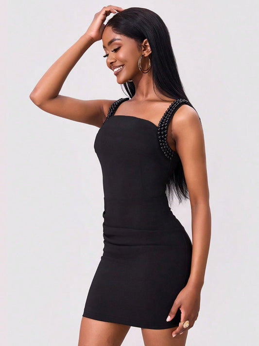 Bead Trim Wide Strap Wrap Dress Black