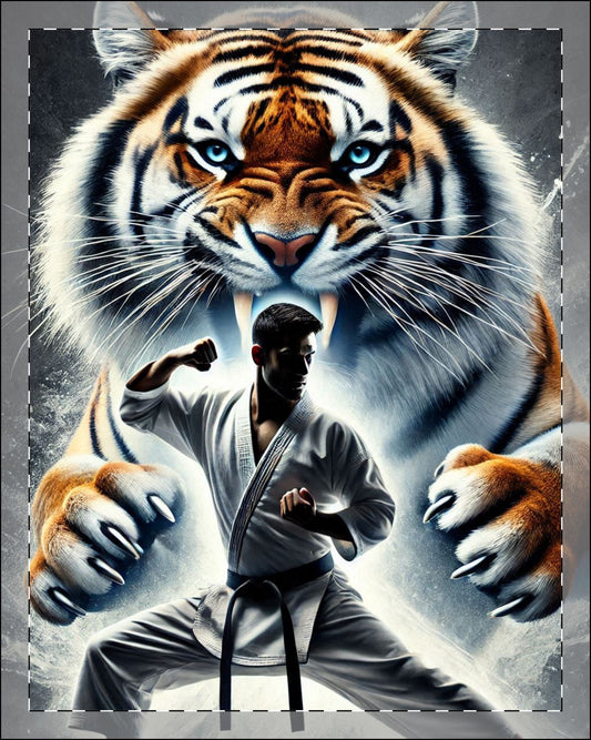 Framed Poster, Karate Tiger Art, Power Focus Discipline Print, Martial Arts Wall Decor, Roaring Animal Room Picture, Fighter Stance Gift 8" x 10" (Vertical) Semi Glossy White