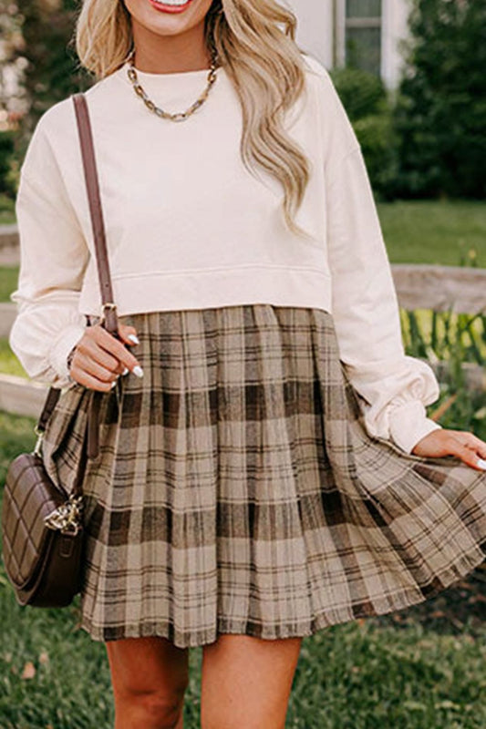 Plaid Round Neck Long Sleeve Mini Dress Beige