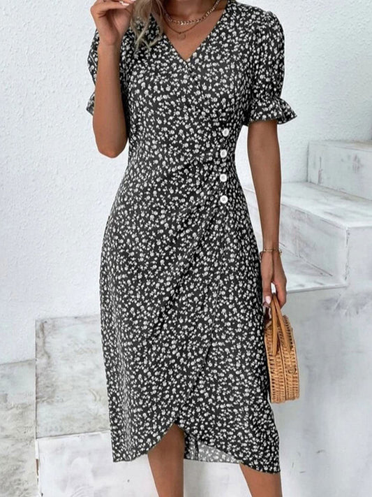 Full Size Printed Surplice Flounce Sleeve Midi Dress Black