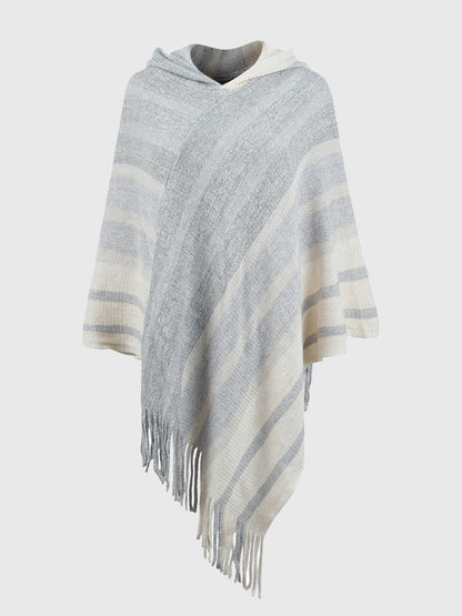 Striped Fringe Hem Hooded Poncho Ivory One Size