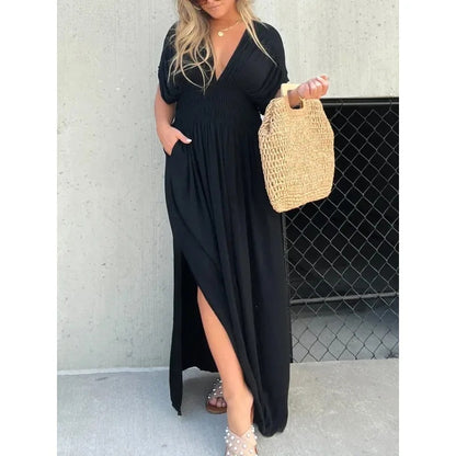 Women's Bat-Sleeve V-Neck Maxi Dress - Summer Slit Dress with Elastic Waist
