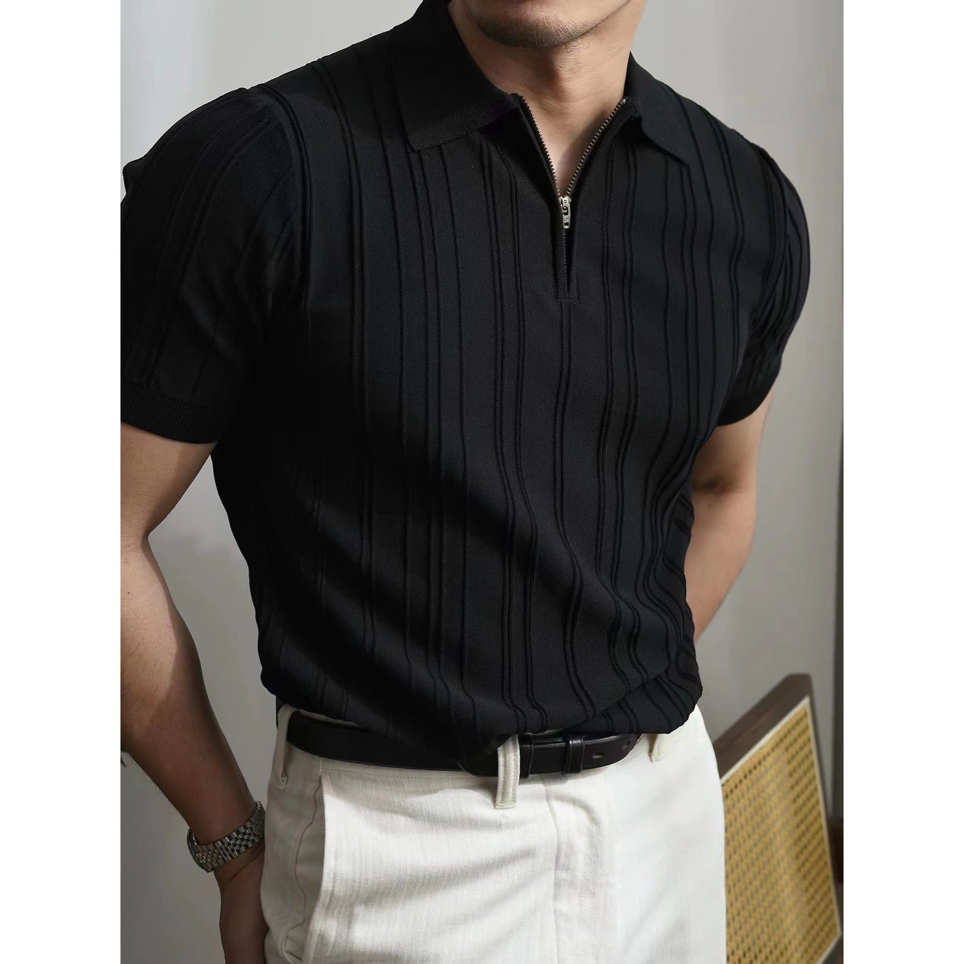 Zipper Knitted Short-sleeved Polo Shirt Men's Loose Lapels T-shirt Black