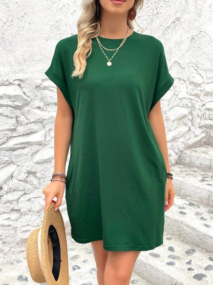 Round Neck Short Sleeve Mini Dress Dark Green