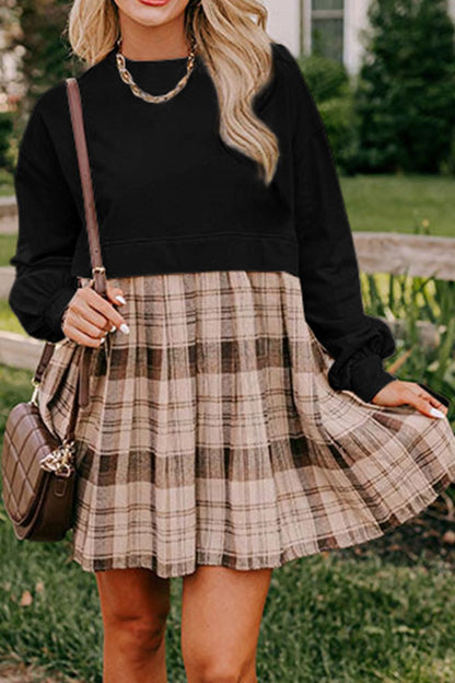 Plaid Round Neck Long Sleeve Mini Dress Black