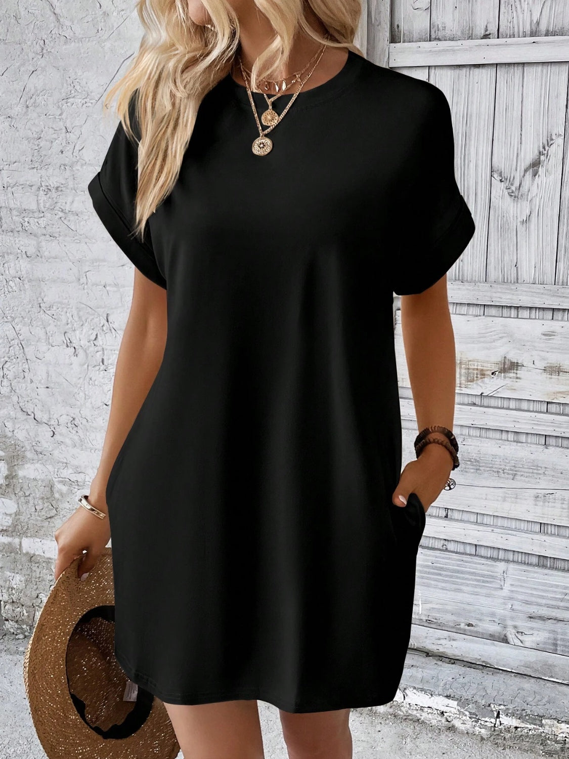 Round Neck Short Sleeve Mini Dress Black